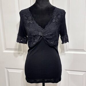 Vintage Hanro of Switzerland Wool Silk Black Lace Y2K Short Sleeve Top Size M